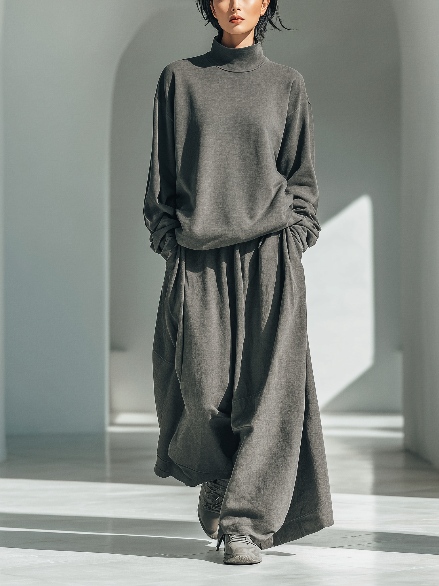 Women's Fashionable And Versatile Sporty Casual Style Gray Turtleneck Long-sleeved Top Paired With Matching Wide-leg Pants MDA2544K0AN