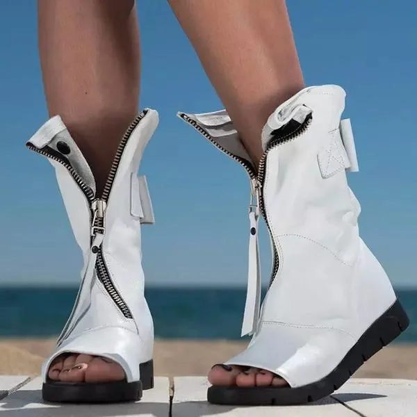 White Faux Leather Open Toe Flat Booties Zip Up Ankle Boots