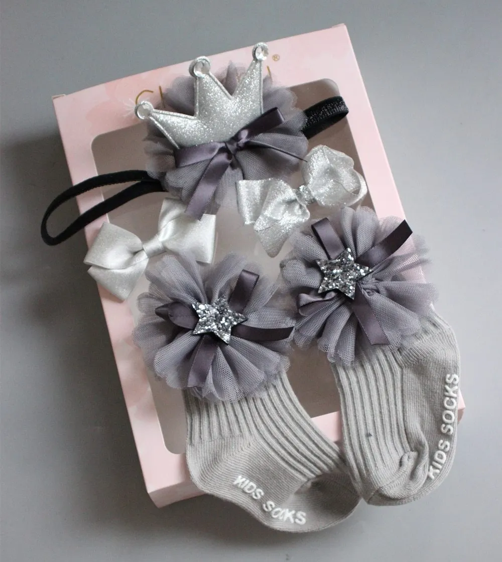 2019 4pcs/Sets Newborn Baby Girl Boy Socks Lace Ruffle Tutu Socks Frilly Ankle Princess Anti Slip Socks+Headband+Hair Pin 0-24M
