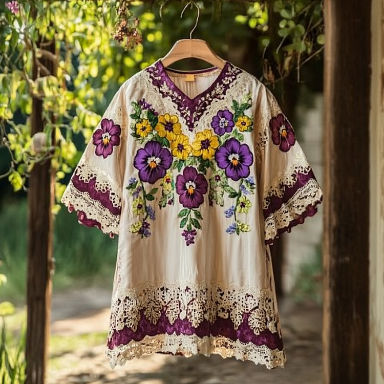 Utbros Vintage Pansy Lace Embroidery Pattern V-neck Shirt