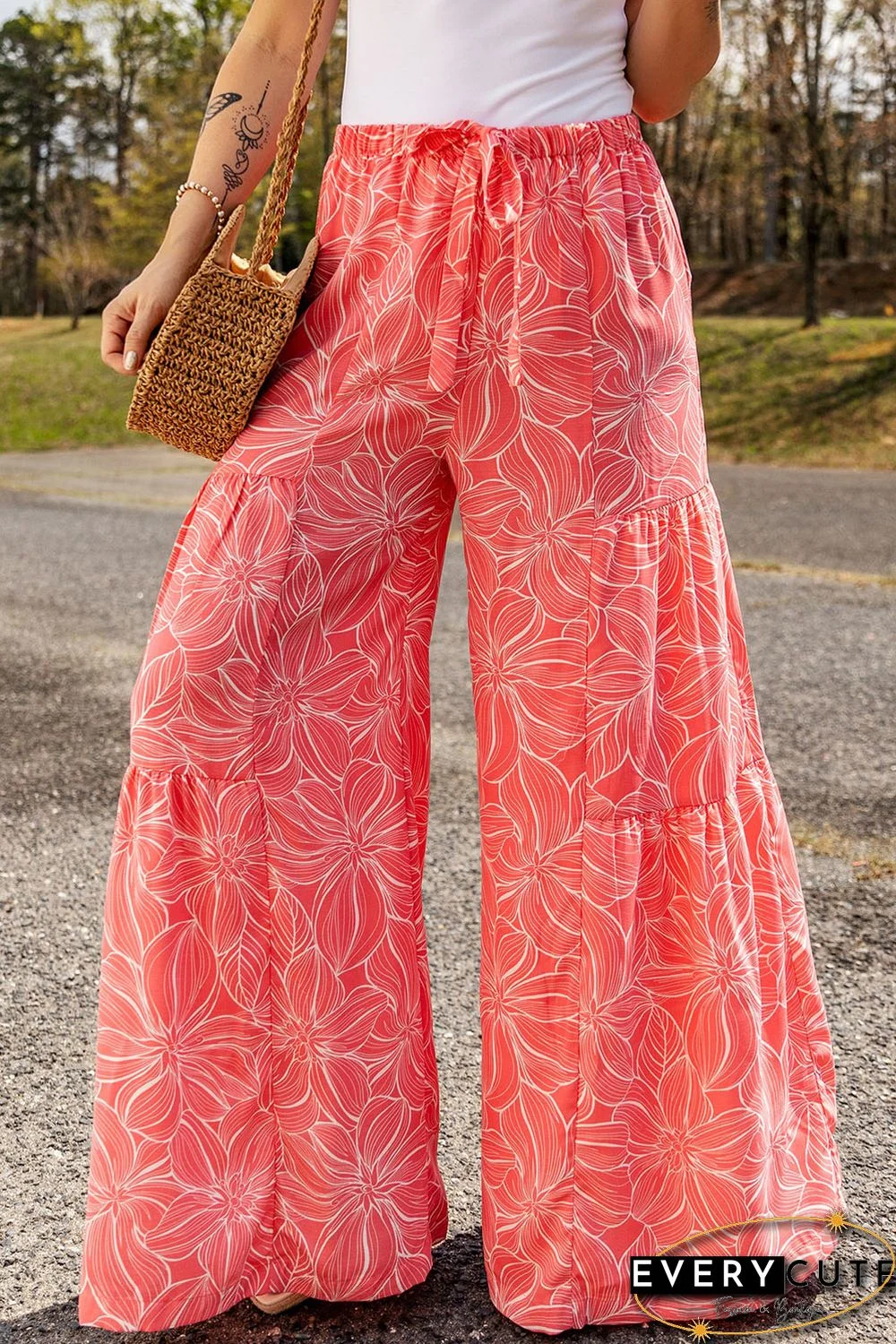 Pink Bohemian Floral Print Wide Leg Pants