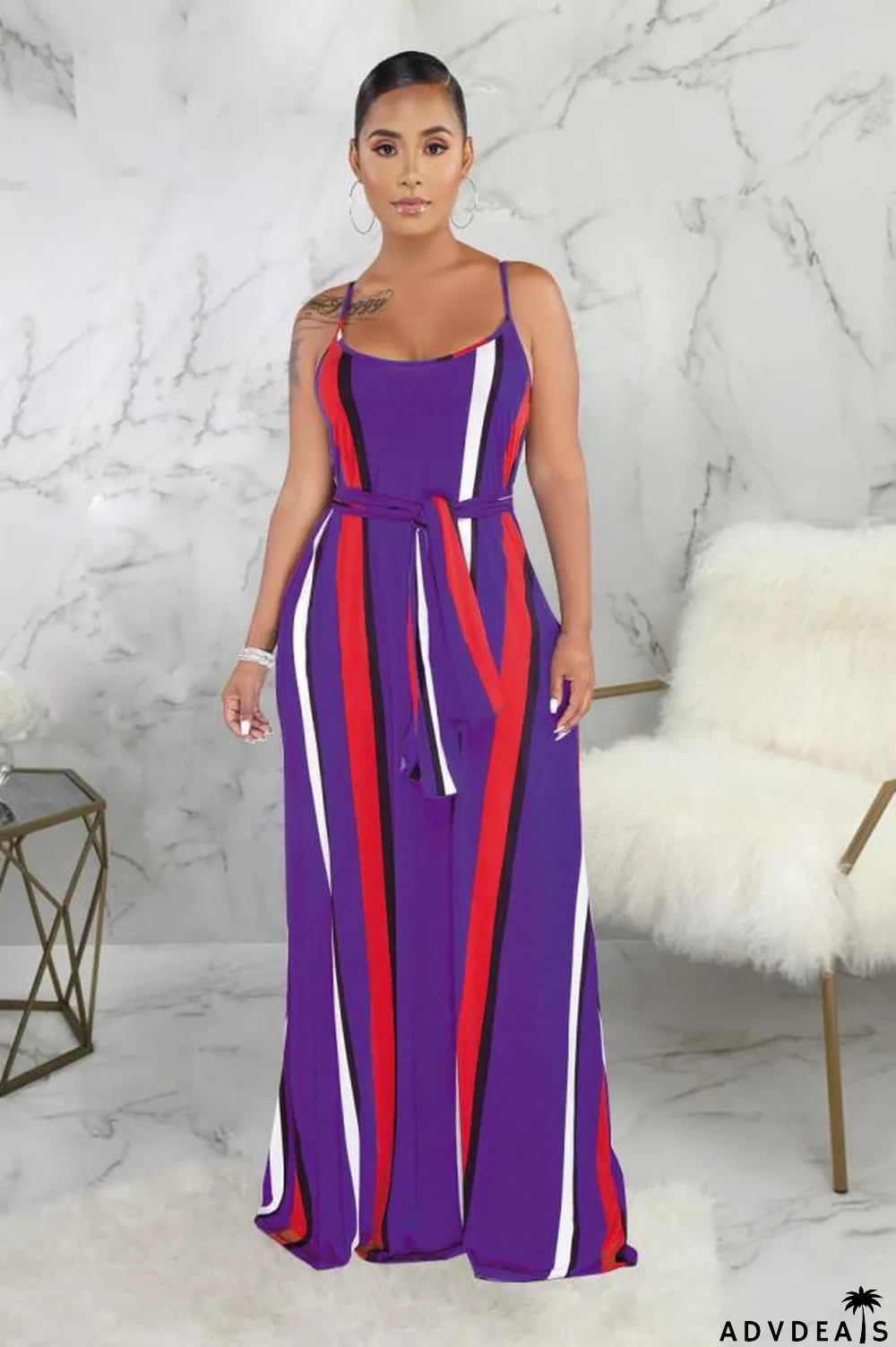 purple Polyester Fashion Sexy Spaghetti Strap Sleeveless Slip A-Line Floor-Length Print asymmetrical Stripe