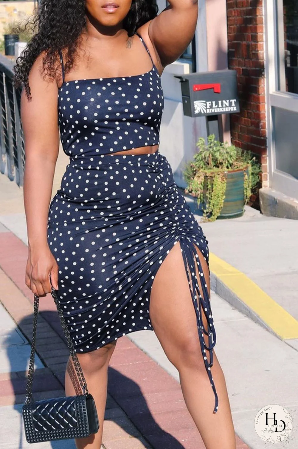 Navy Blue Blends Sexy Dot Print tassel Split asymmetrical Hip skirt Sleeveless Two Pieces