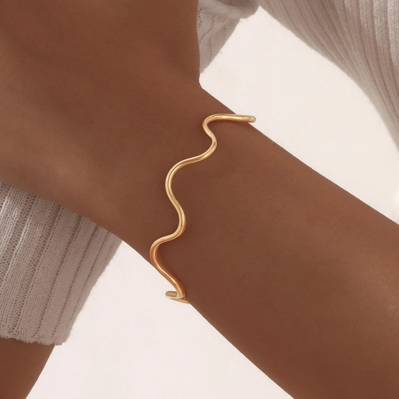 IG Style Minimalist Waves 304 Stainless Steel 18K Gold Plated Bangle Earrings Necklace