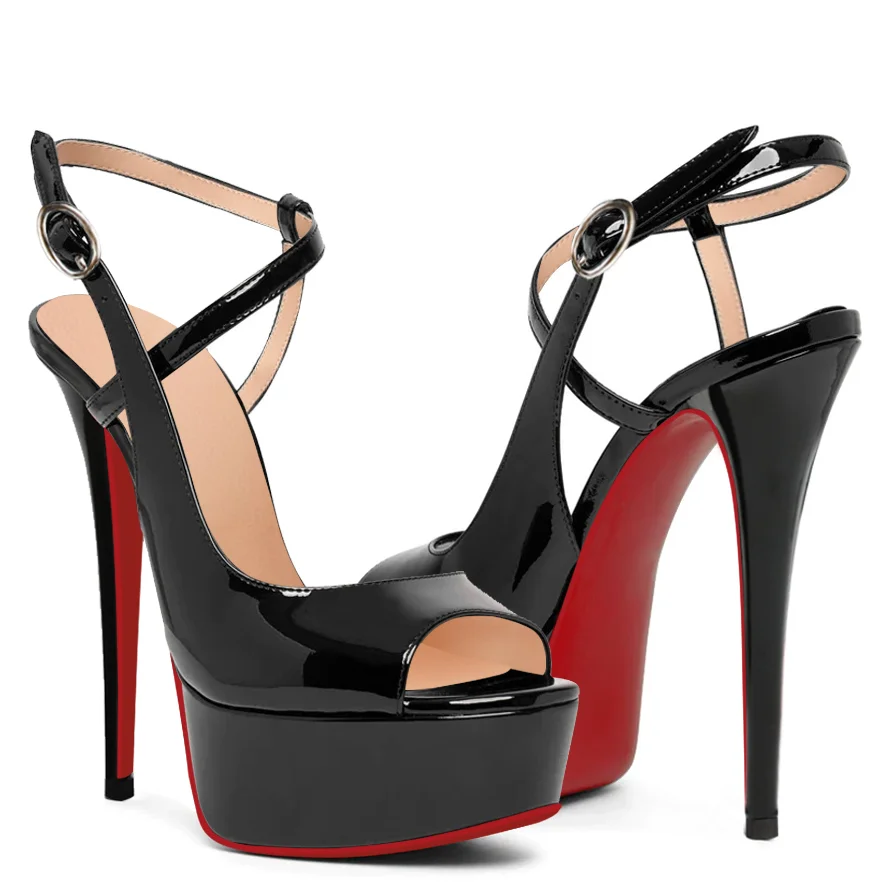 150mm Women Slingback Pumps Patent Ankle Strap Stiletto Peep Toe Dress Red Bottoms Shoes-vocosishoes