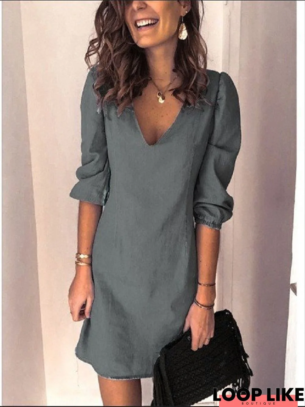 V-Neck Joker Casual Solid Color Dress