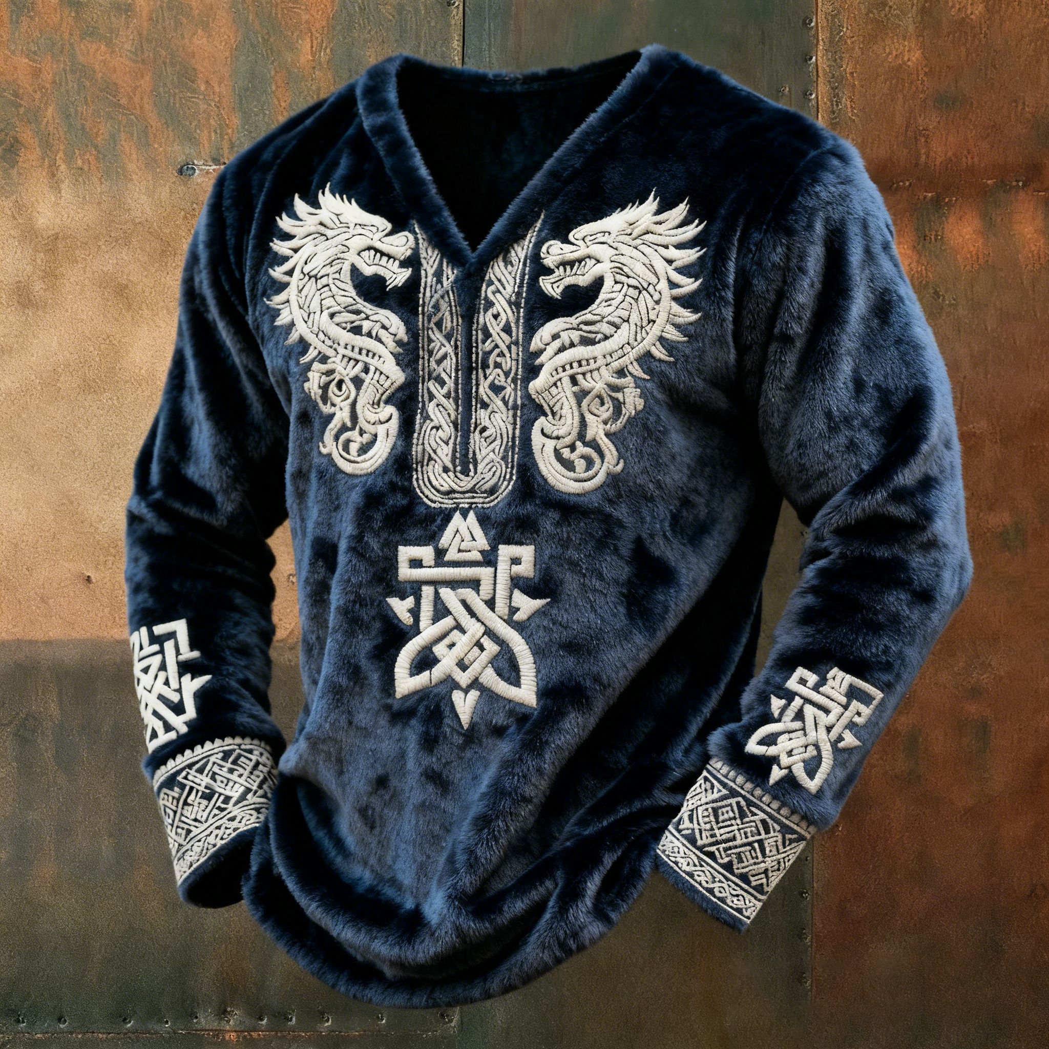 Men's Nordic Twin Dragons Totem Celtic Knot Art Cozy Flannel Hoodie elevenforest