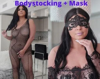 Pornhint Erotic Bodystocking Crotchless Lingerie Bodysuit, Sexy Playful Mask, Plus Size Nipple Lingerie, Perfect Valentines Day Gift, Set of 2