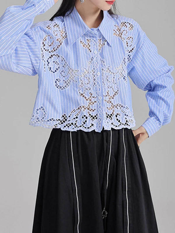 Long Sleeves Loose Buttoned Hollow Solid Color Lapel Blouses&Shirts Tops