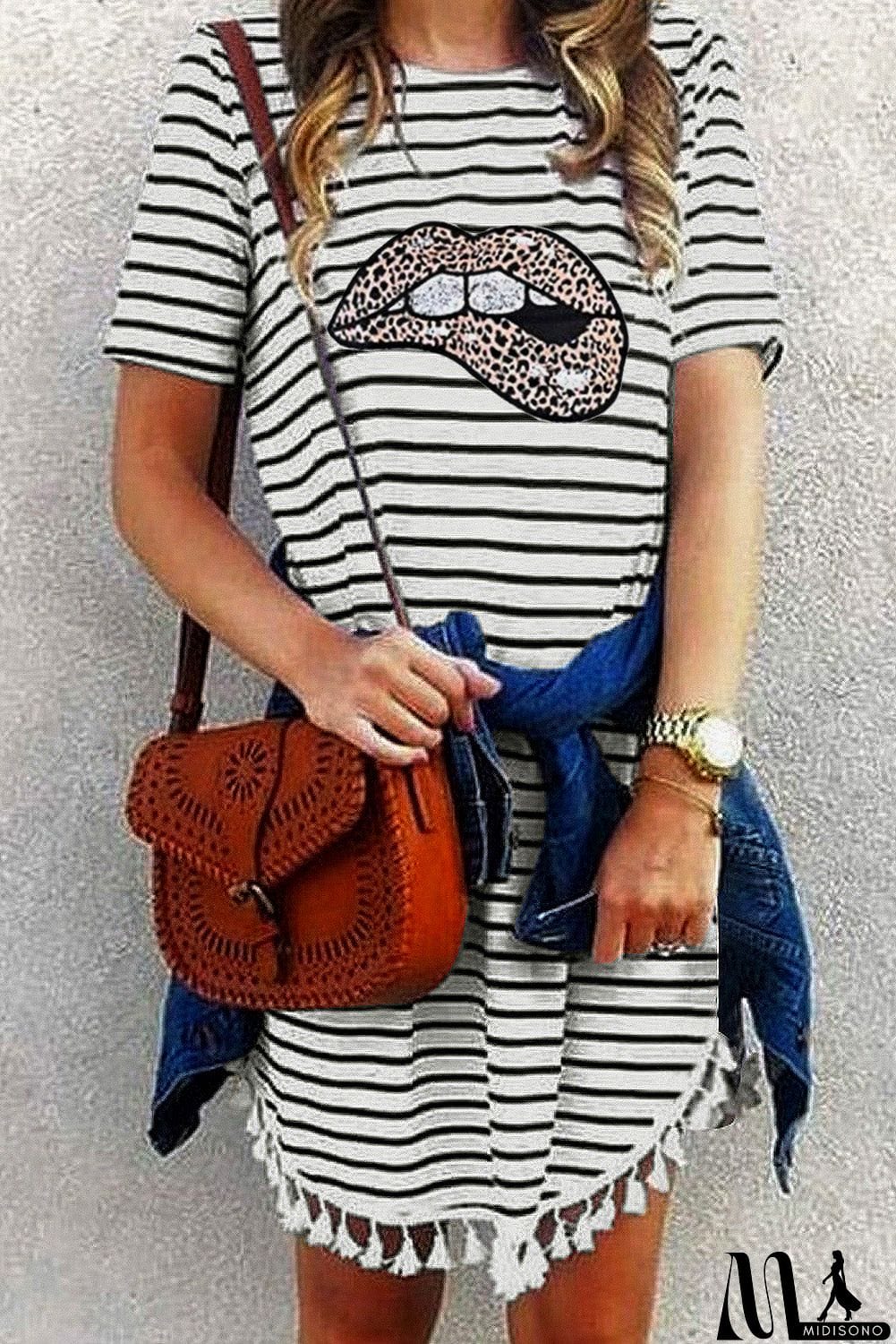 MidiSono - Crew Neck Striped T-shirt Mini Dress with Tassel