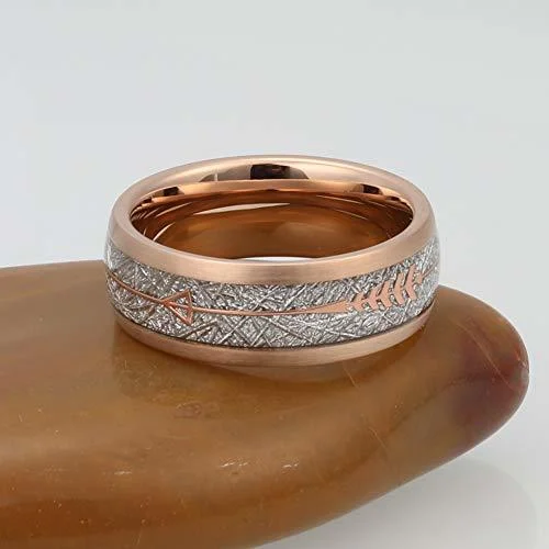 6MM 8MM Women's Or Men's Tungsten Carbide Wedding Matching Ringswith Plated Rose Gold Tone Cupid's Arrow and Inspired Meteorite Inlay