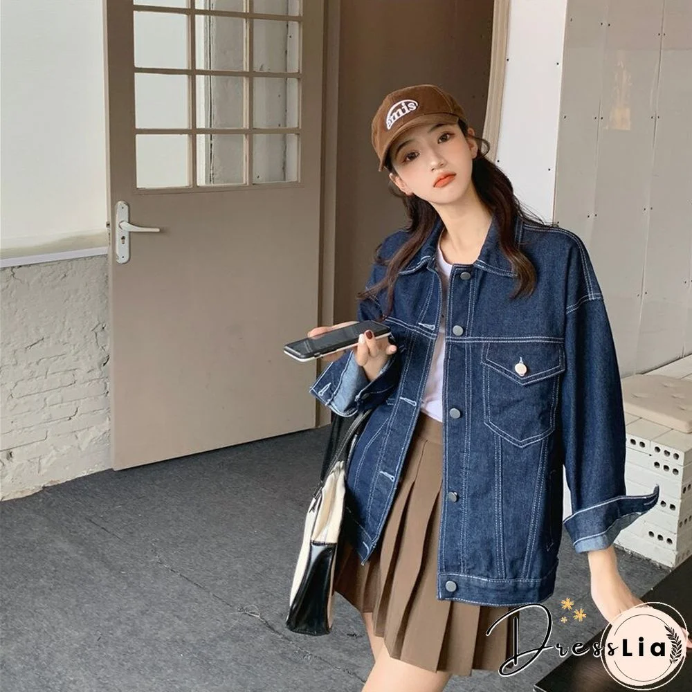 Autumn Spring New Cropped Denim Jacket Women Vintage Loose Blue Jean Coats Korean Style Student Solid Streetwear Tops Mujer