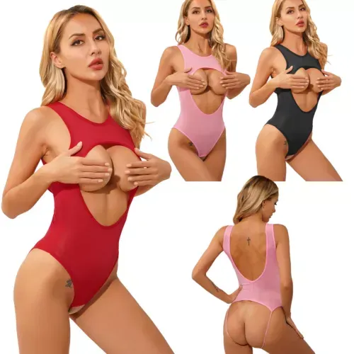 pornhint Pornhint Women's Sheer Mesh Lingerie Bodysuit Open Front Crotchless Thong Leotard Catsuit New