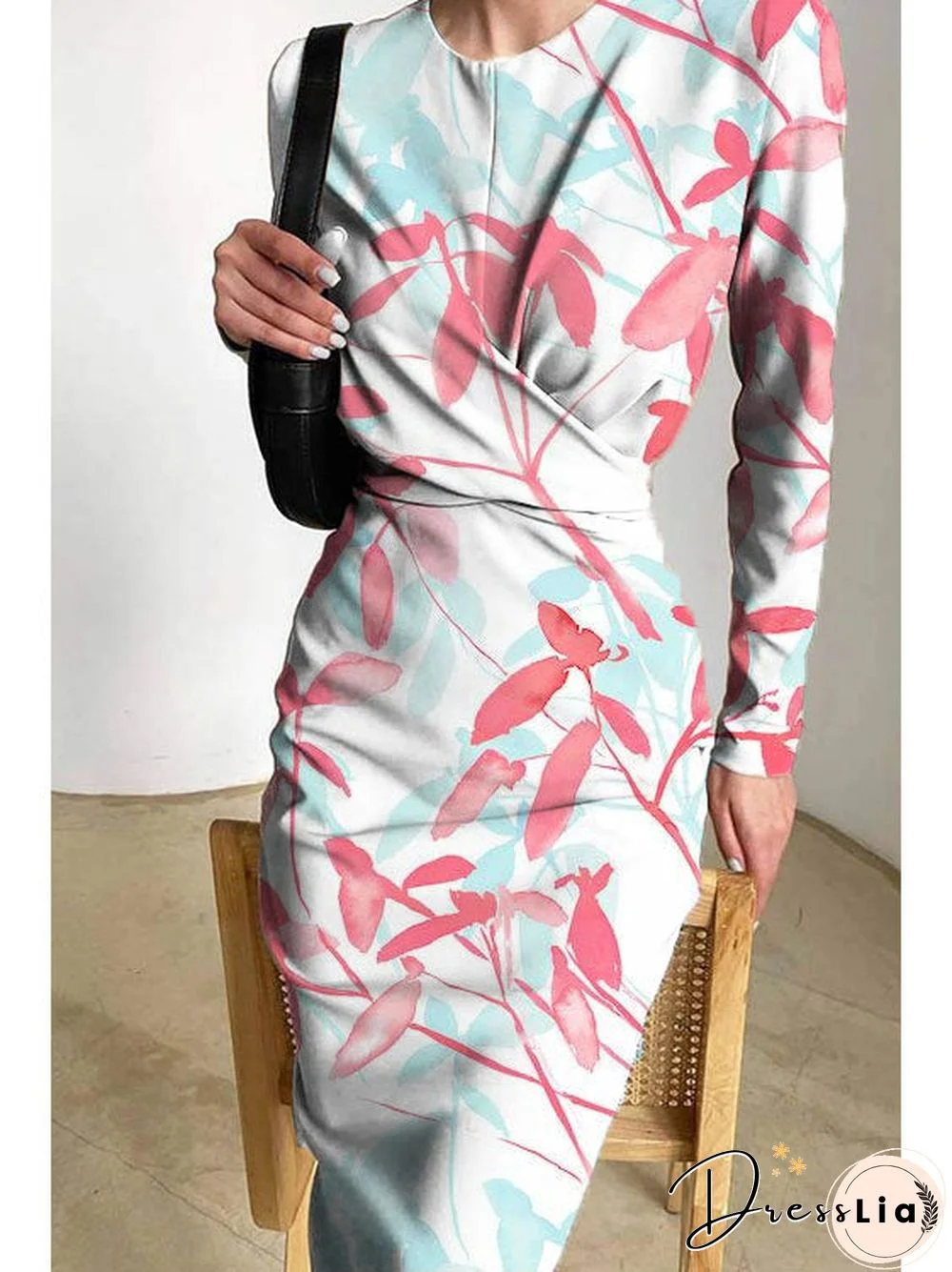 Printed Satin Pleats Elegant Slim Fit Crew Neck Maxi Dress