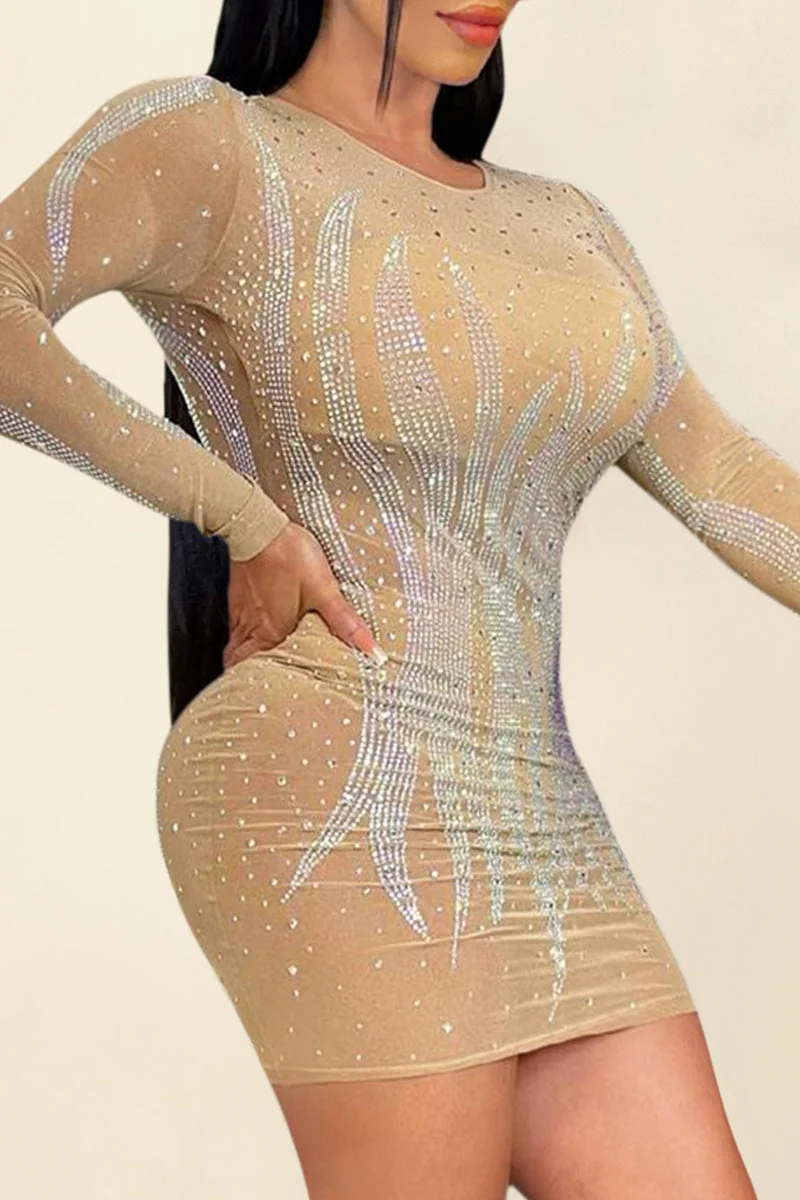 Sexy Hot Drilling Split Joint See-through O Neck Long Sleeve Dresses