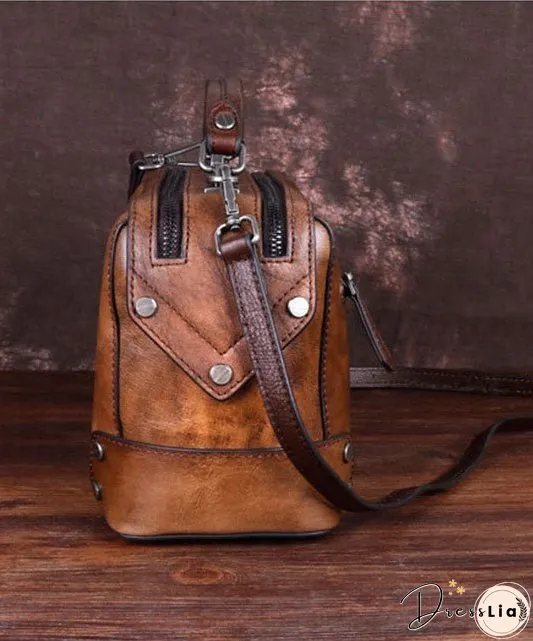 Handmade Coffee Floral Paitings Calf Leather Satchel Handbag