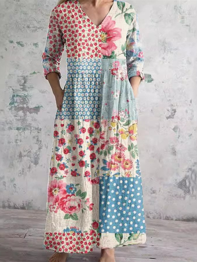 Women Long Sleeve V-neck Graphic Floral Printed Top