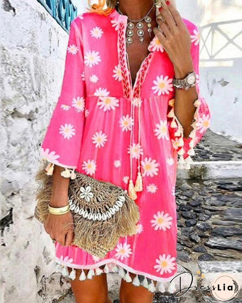 Women Boho Holiday Floral Tassel Sweet V Neck A-lined Mini Summer Dresses