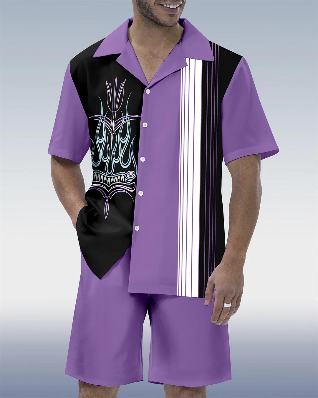 Men's Modified Car Party Hawaiian Cuban Collar Short Sleeve Shirt Set