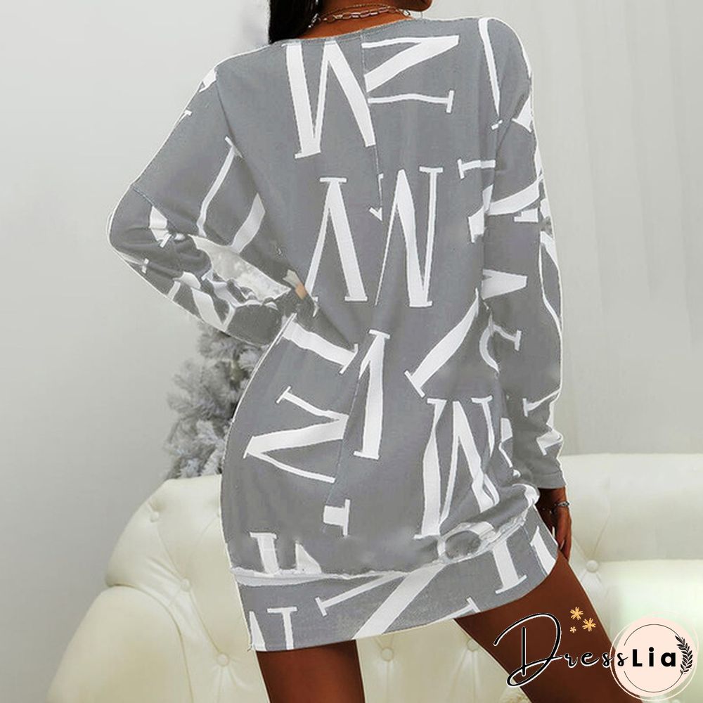 Xs-8Xl Autumn And Winter Dress Plus Size Clothes Women's Casual Long Sleeve T-Shirt Dresses Letter Printed Pullover Sweatshirt Dress Ladies O-Neck Loose Dress Off Shoulder Short Dress Mini Party Dress