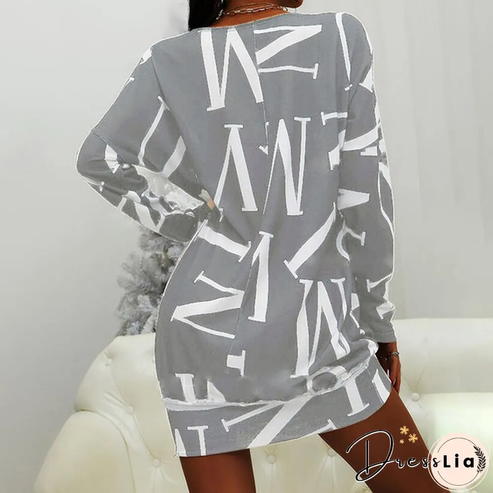 Xs-8Xl Autumn And Winter Dress Plus Size Clothes Women's Casual Long Sleeve T-Shirt Dresses Letter Printed Pullover Sweatshirt Dress Ladies O-Neck Loose Dress Off Shoulder Short Dress Mini Party Dress