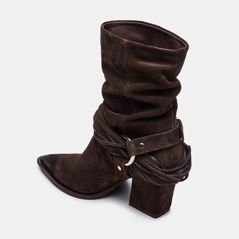 Women's Pointed Toe Chunky Heel Pull On Buckle Short Booties