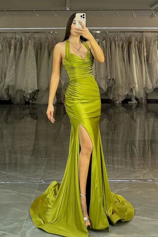 Daisda Sleeveless Halter Straps Mermaid Long Prom Dress With Pleated
