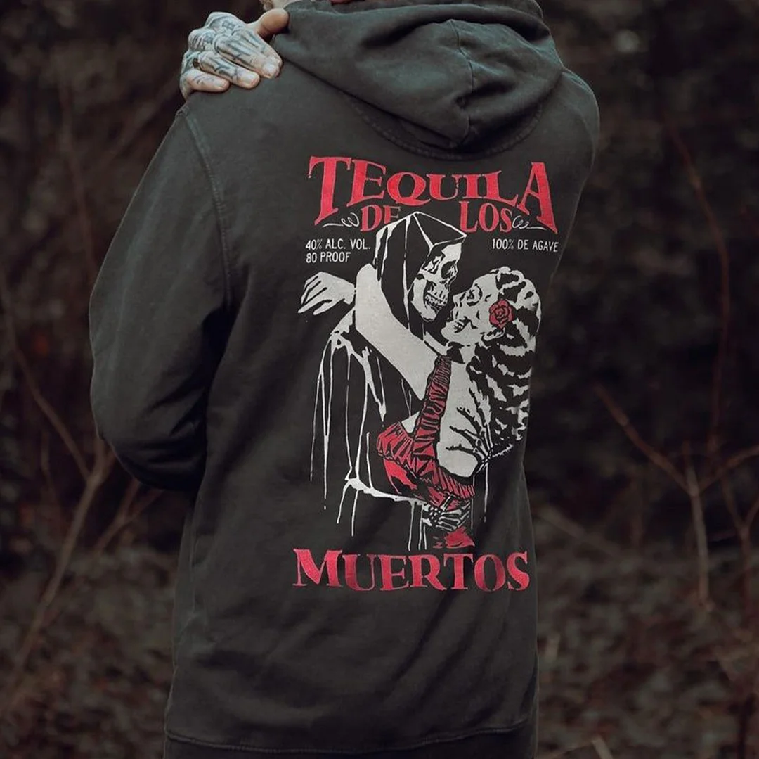 TEQUILA DELOS MUERTOS Skull Wedding Bride Graphic Black Print Hoodie