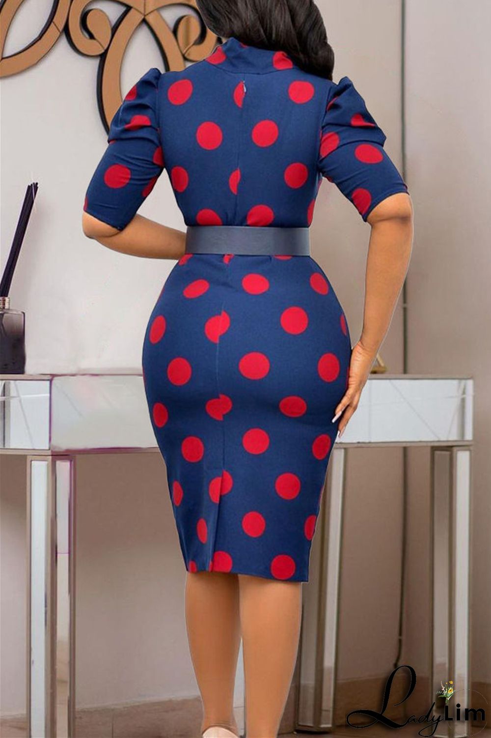Red Fashion Casual Dot Print With Belt O Neck Pencil Skirt Dresses