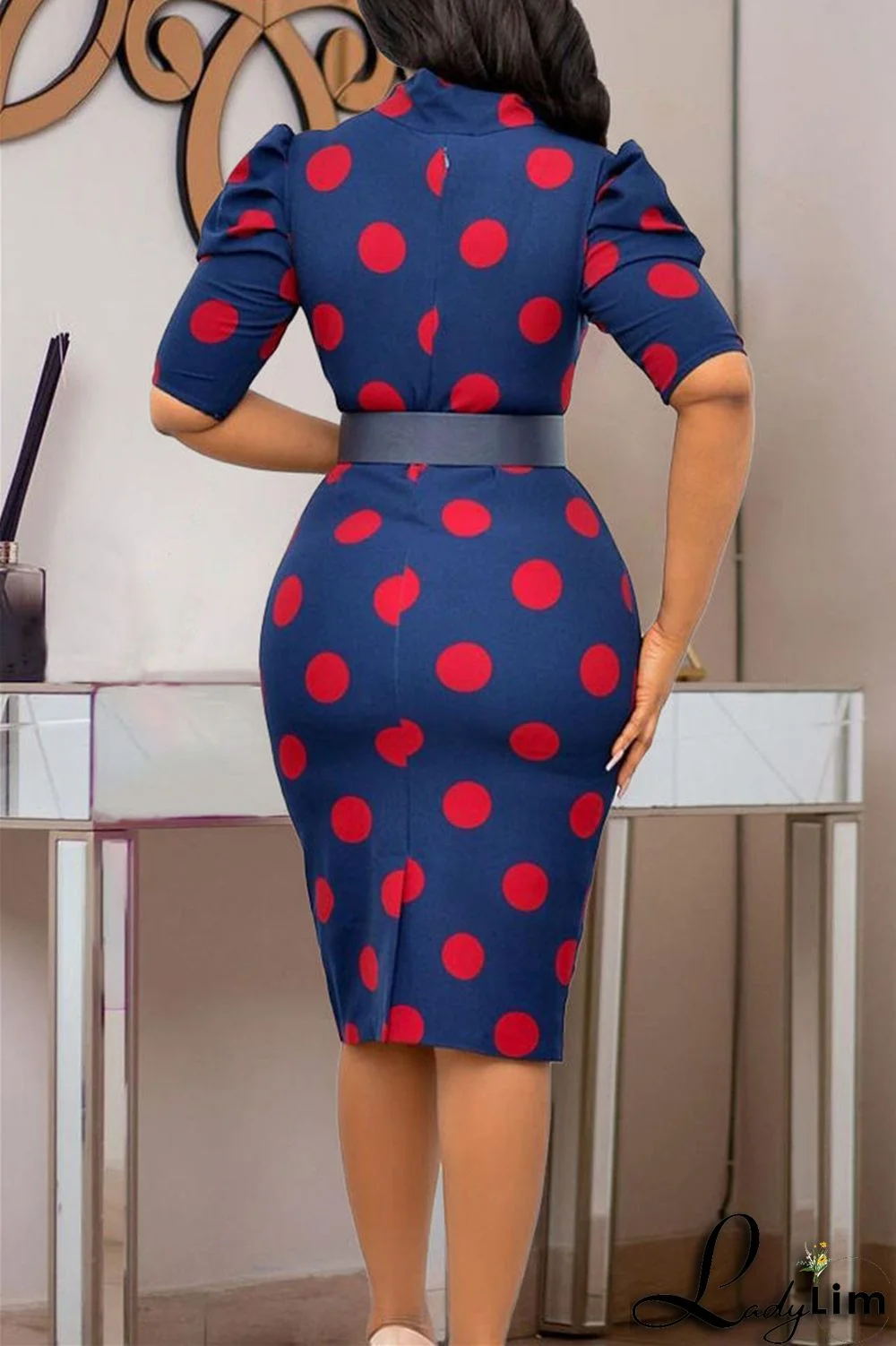 Red Fashion Casual Dot Print With Belt O Neck Pencil Skirt Dresses