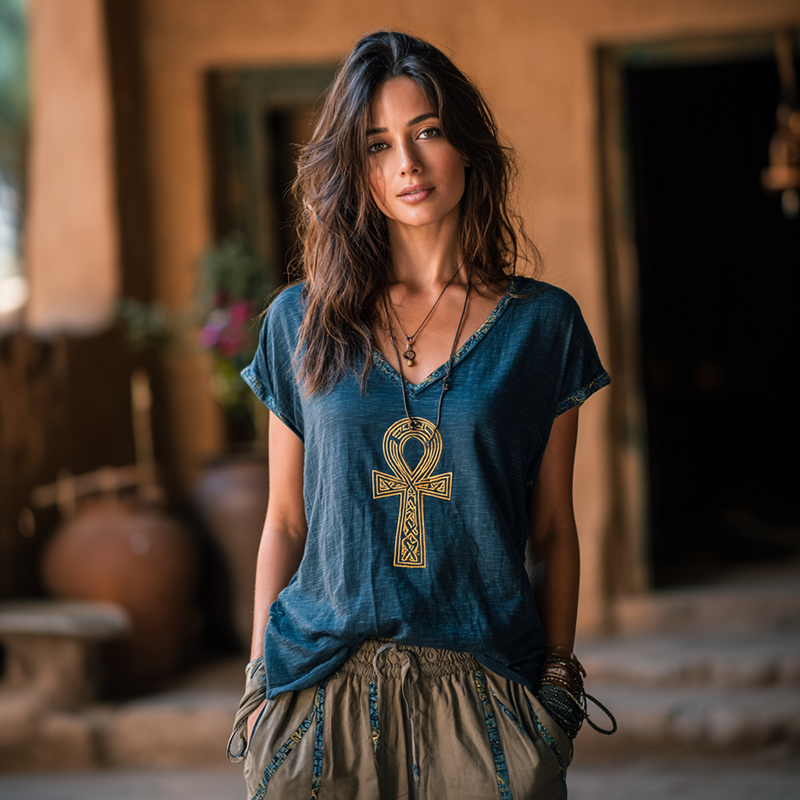 Ankh Ancient Egyptian Embroidered Contrast Linen T-shirt