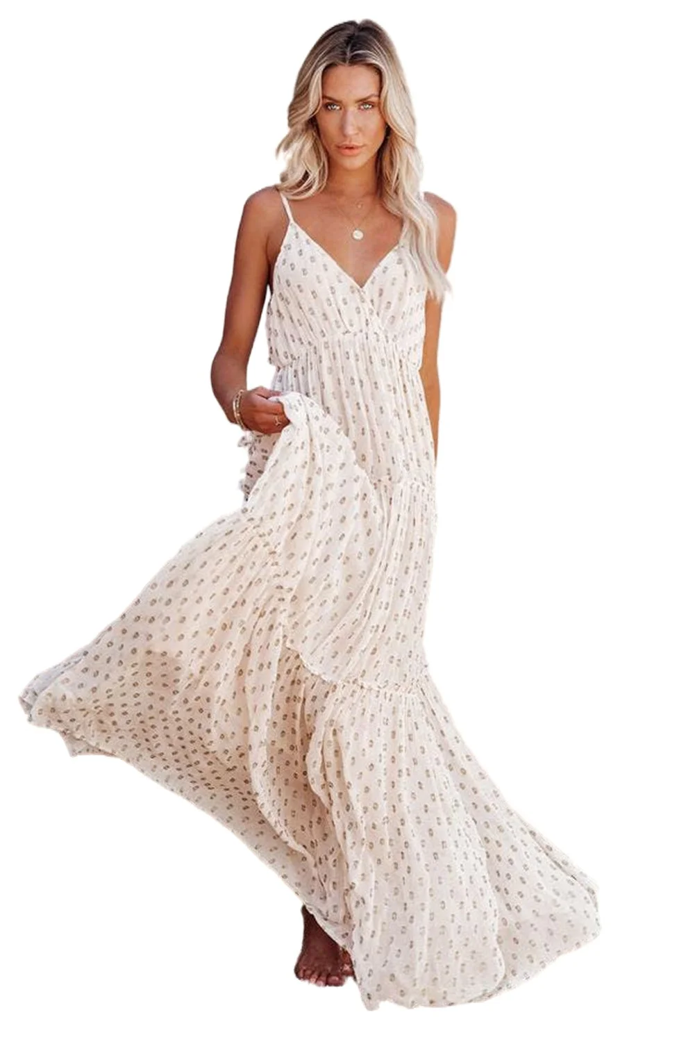 Women Beige Pattern Print Tiered Ruffled Spaghetti Strap V Neck Maxi Dress