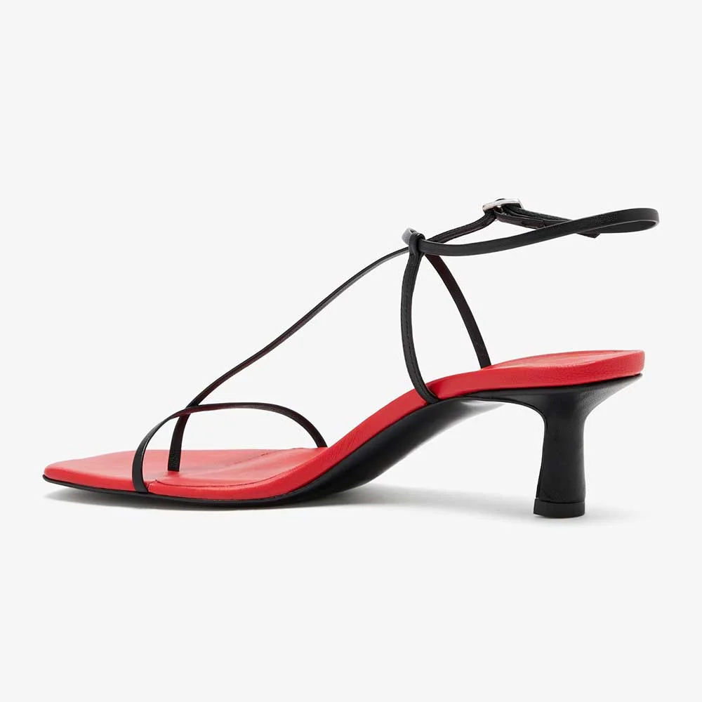 Red Simple Kitten Heels Crossed Strap Square Toe Women Sandals