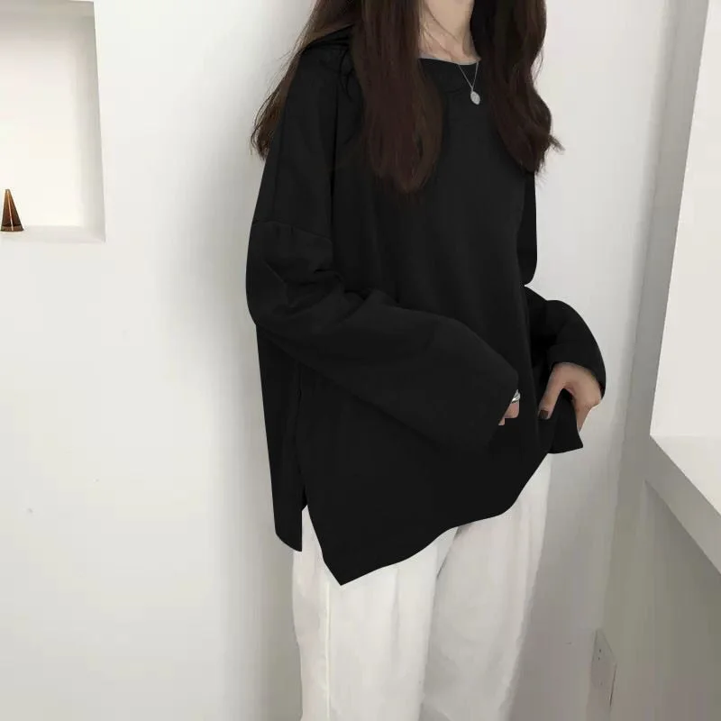 T-shirts Long Sleeve Solid Tees O-Neck Slit Side Oversize 2XL Loose Lazy Daily All-match Kpop Womens Ulzzang Ins Hipster Basic