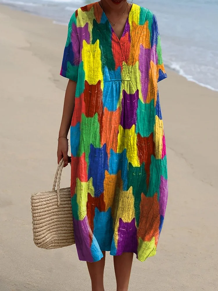 Women's Rainbow Cat Geometry Art Print Flowy Dress