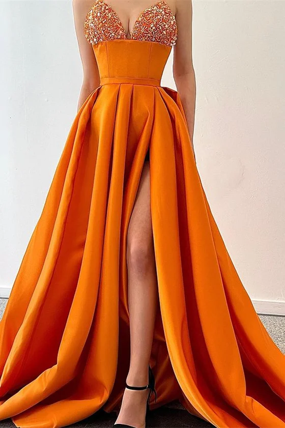 Gorgeous Spaghetti-Straps Orange Evening Dress Sequins Mermaid With Slit - lulusllly