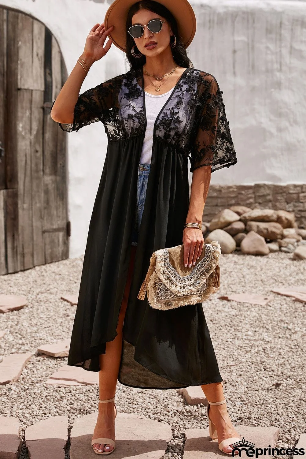 Black Lace Crochet Long Kimono