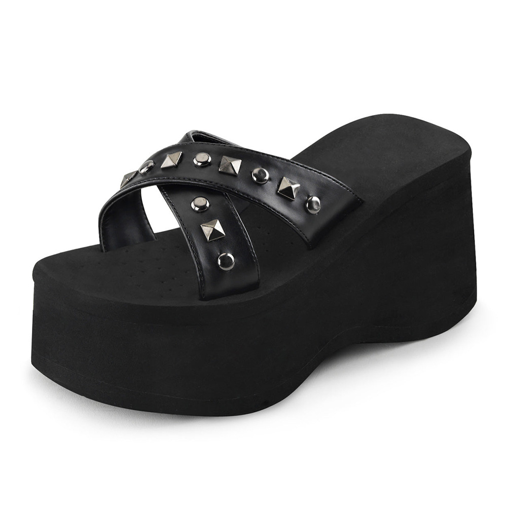 Cross Strap Studded Chunky Heel Slip On Black Platform Sandals Nicepairs