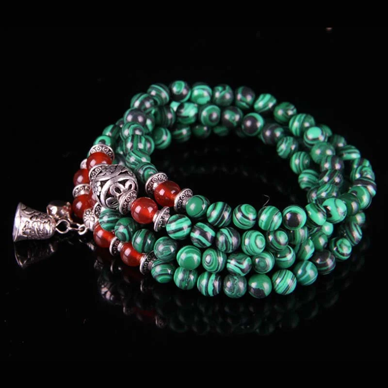 Tibetan 108 Beads Malachite Red Agate Bell Protection Bracelet Necklace Mala