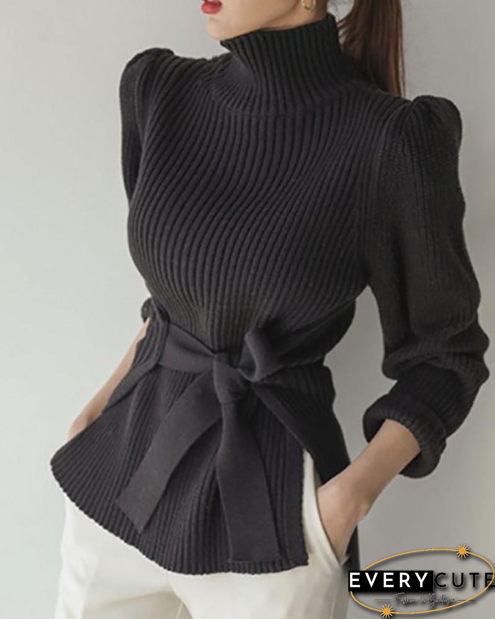High Neck Puff Sleeve Tied Detail Sweater