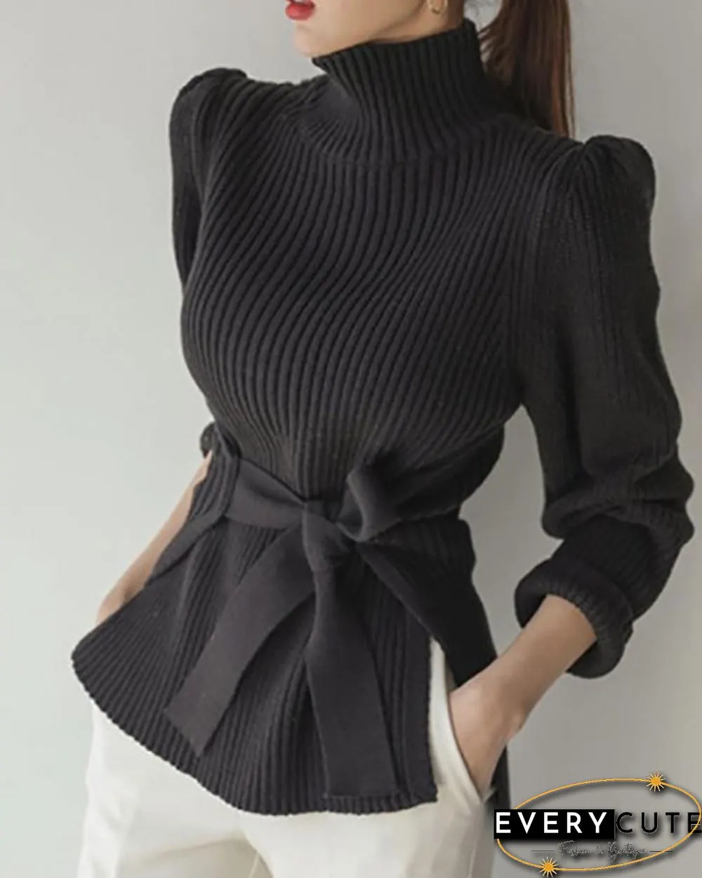 High Neck Puff Sleeve Tied Detail Sweater