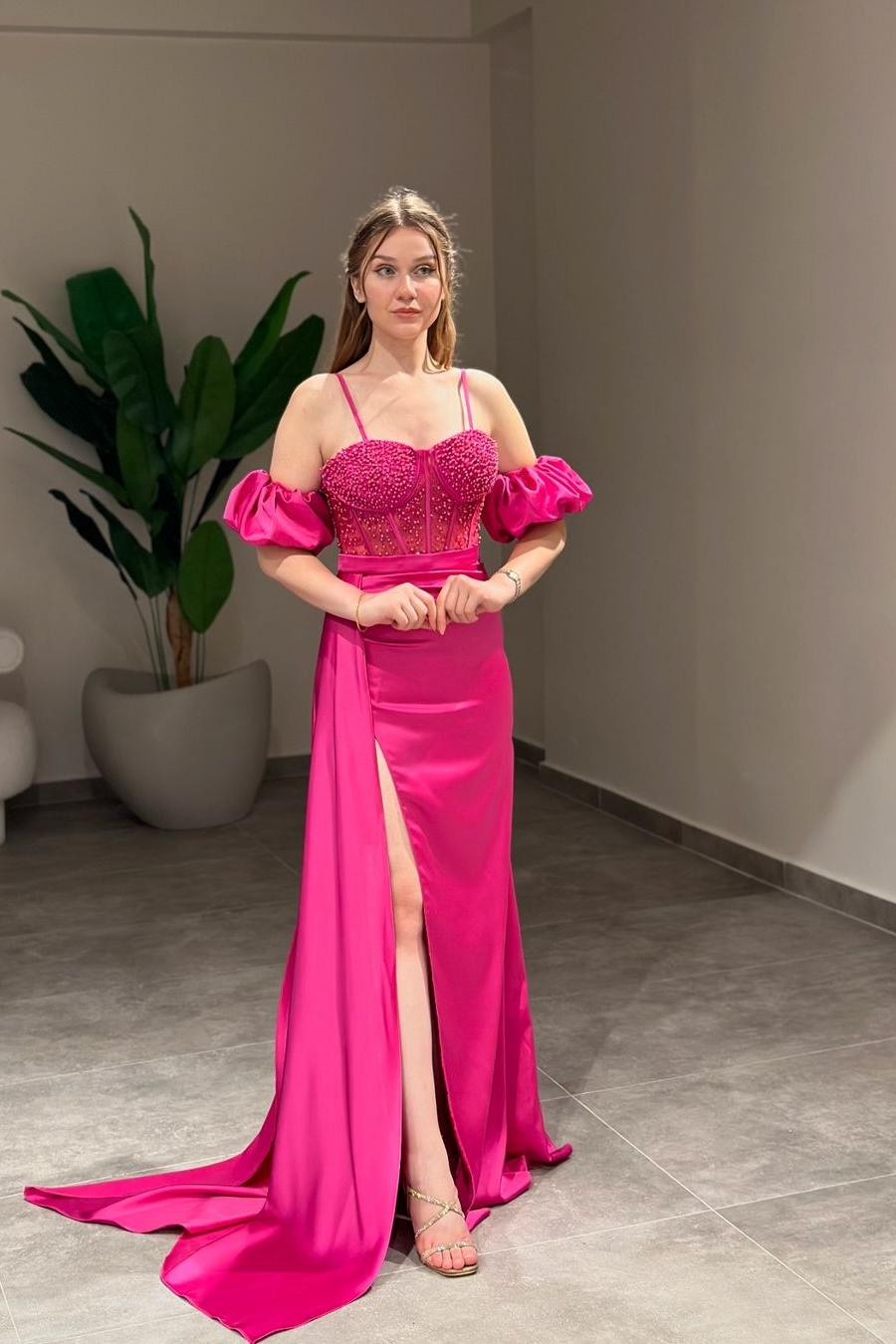 Lvs&Broner Sweetheart Bubble Sleeves High Split Long Prom Dress With Beading