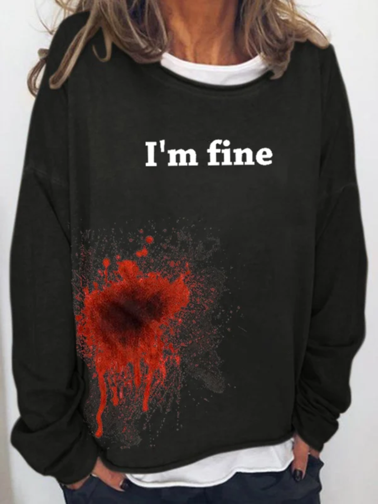 Women's Halloween Funny Bloodstained I'm Fine Print Long Sleeve T-Shirt