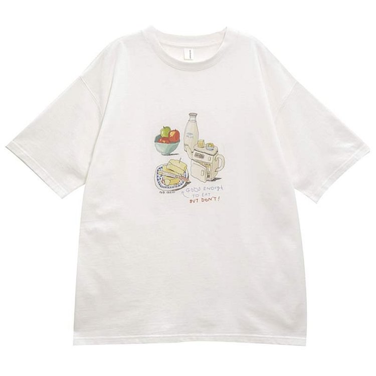 Round Collar Cartoon Print Casual T-Shirt - Modakawa modakawa
