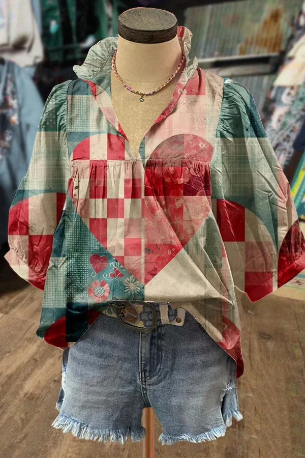 Mixed Plaid Heart Print Puff Sleeve Top