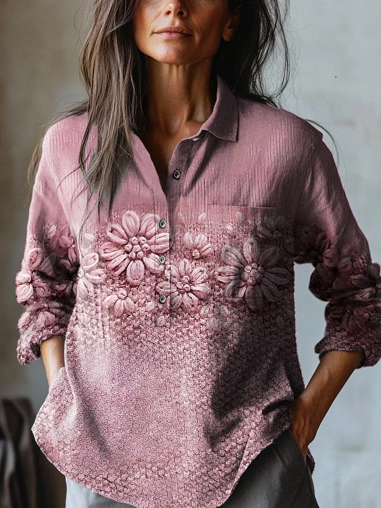 Women's Vintage Lovely Floral Art Print Casual Cotton And Linen Shirt