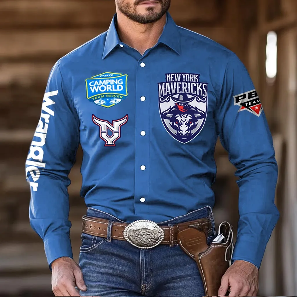 Men's Western Cowboy Outdoor Teams New York Long Sleeved Blue Shirts