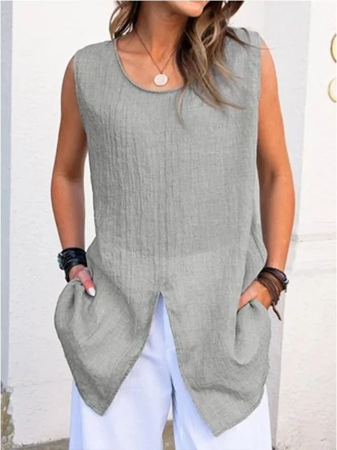 Women's Cotton Linen Sleeveless Split Casual T-shirt