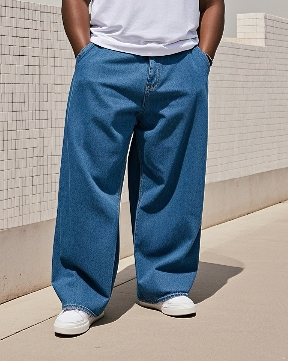 Plus Size Men's Daily Casual Washing Water Pure Blue Denim Trousers