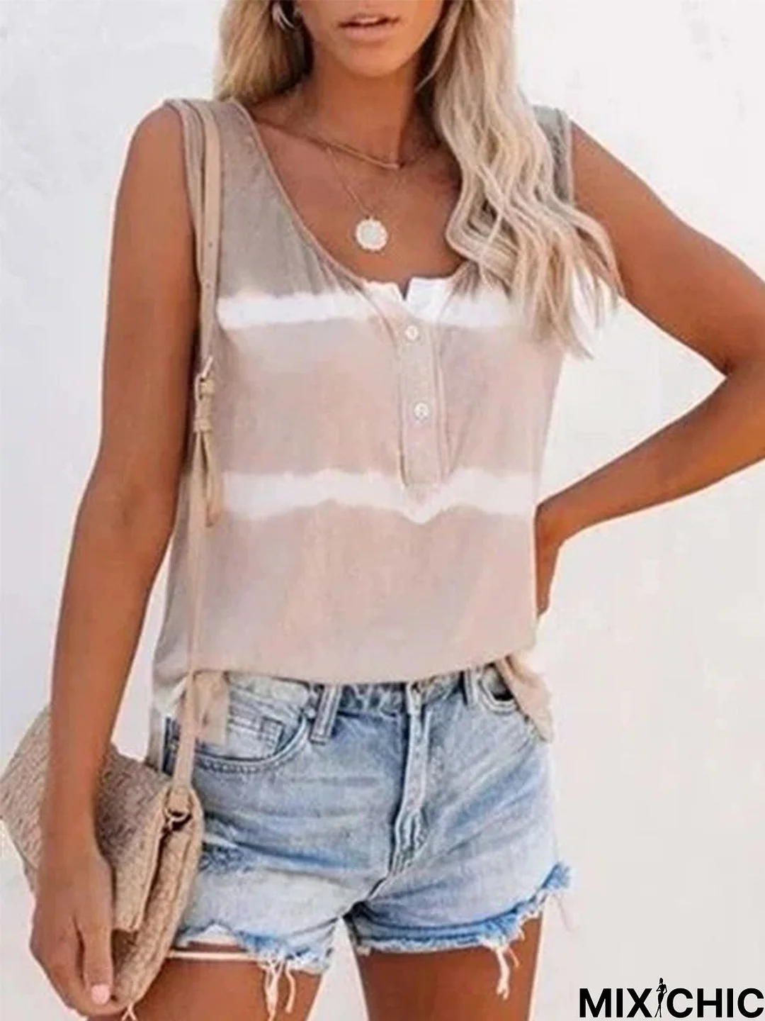 Cotton Blends Round Neck Color Block Tank & Cami